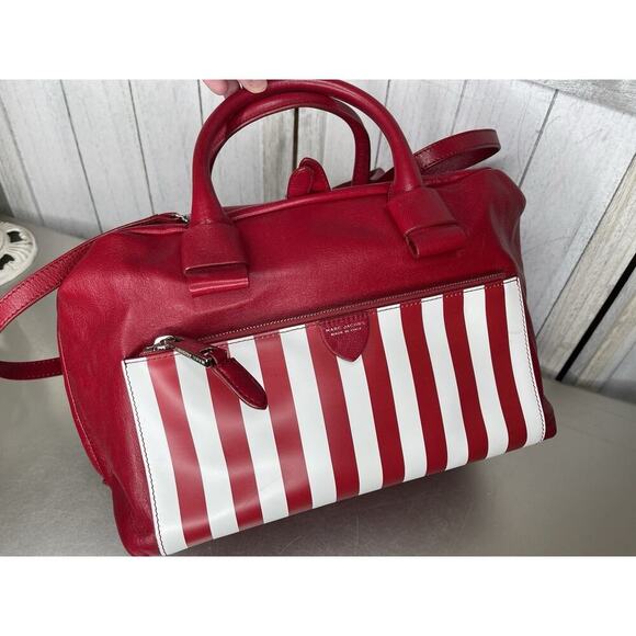 Marc Jacobs Red White Leather Small Striped Prince Antonia Satchel Handbag Italy - Picture 2 of 11